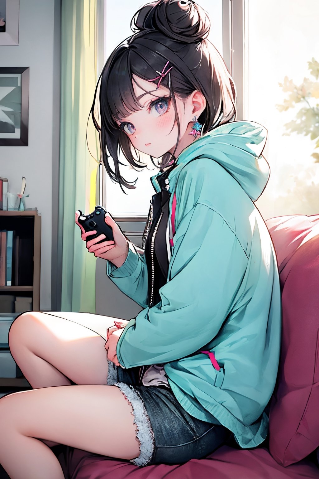 (masterpiece),,(best quality), High detailed ,masterpiece, 

1girl, solo, looking at viewer, blush, short hair, black hair, hair ornament, long sleeves, brown eyes, jewelry, sitting, closed mouth, jacket, earrings, shorts, hairclip, indoors, hood, hair bun, from side, looking to the side, pillow, window, x hair ornament, couch, controller, game controller