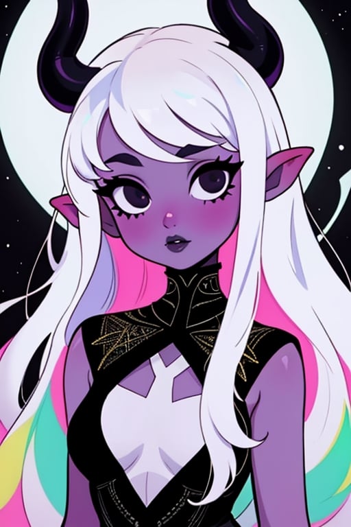 (masterpiece),,(best quality), 

(long intricate horns) ,albino girl, deep black eyes, skin reflects an almost celestial glow, highlighting her ethereal nature,  albino demon girl,goth person, upper body, chromatic, chromatic dress, chromatic hair, white hair, pink hair,