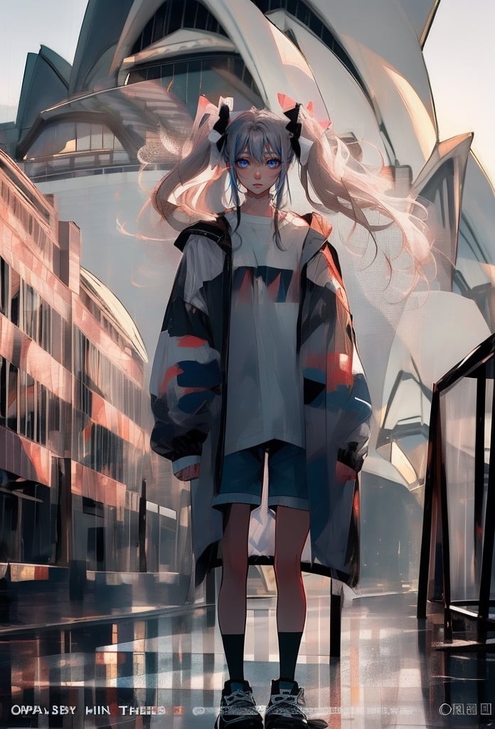 (Opera House sydney:1.4),

1girl, solo, long hair, looking at viewer, shirt, long sleeves, bow, holding, twintails, closed mouth, jacket, hair bow, grey hair, shoes, shorts, socks, open jacket, sleeves past wrists, grey eyes, black shirt, , white jacket, ,cinematic, 

((Opera House background:1.2)