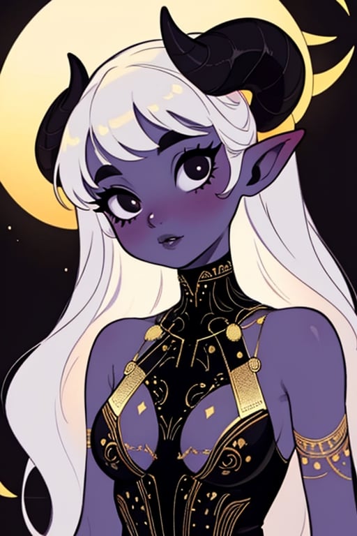 (masterpiece),,(best quality), 

(long intricate horns) ,albino girl, deep black eyes, skin reflects an almost celestial glow, highlighting her ethereal nature,  albino demon girl,goth person, upper body, chromatic