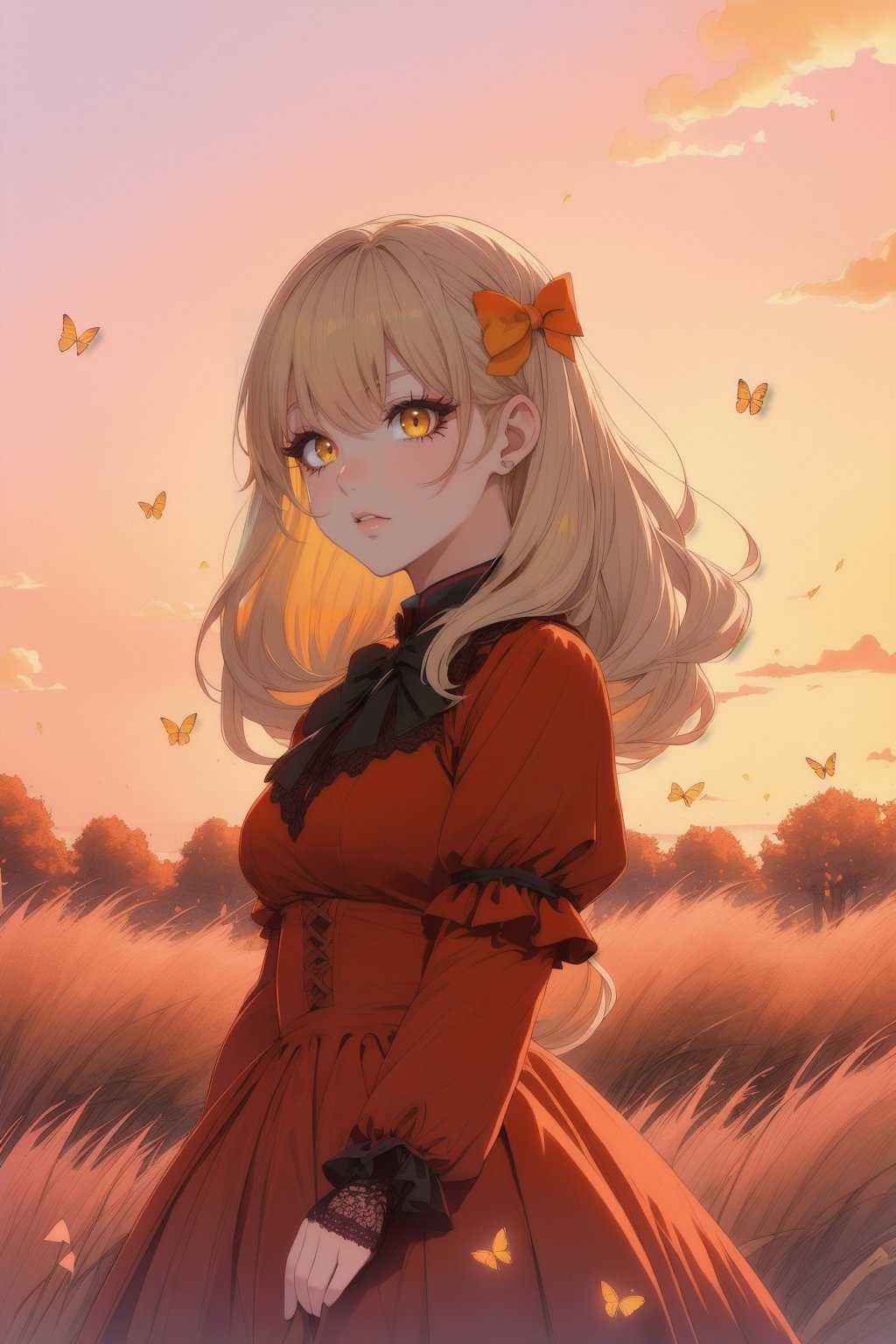 girl in lolita, (red dress:1.1), (wearing lace gloves), curly blonde hair adorned with bows, standing in a blooming cherry blossom garden, surrounded by fluttering butterflies, soft sunlight filtering through the trees orange, creating a dreamy and ethereal atmosphere analogous colors yellow, 
(analogous colors red, orange, yellow:1.3), (orange grass, sunset sky, pink flowers:1.2), 