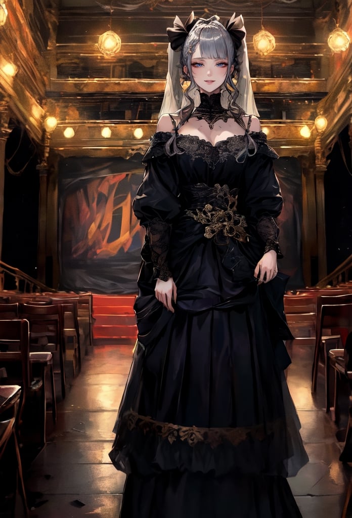 highres,absurdres,masterpiece,best quality,original,extremely detailed CG,extremely detailed wallpaper,perfect lighting,(standing on the stage),blurry background,looking at viewer,,0p3r4,dress,veil, (opera:1.4), (musical theatre:1.2)

 black dress, bare shoulder, short sleeve, short dress, tight clothes, 

1girl, solo, long hair, looking at viewer, shirt, long sleeves, bow, twintails, closed mouth, hair bow, grey hair,  grey eyes, black shirt, ,cinematic, ,nodf_lora, (indoor:1.3),ayaka_genshin,bzsohee