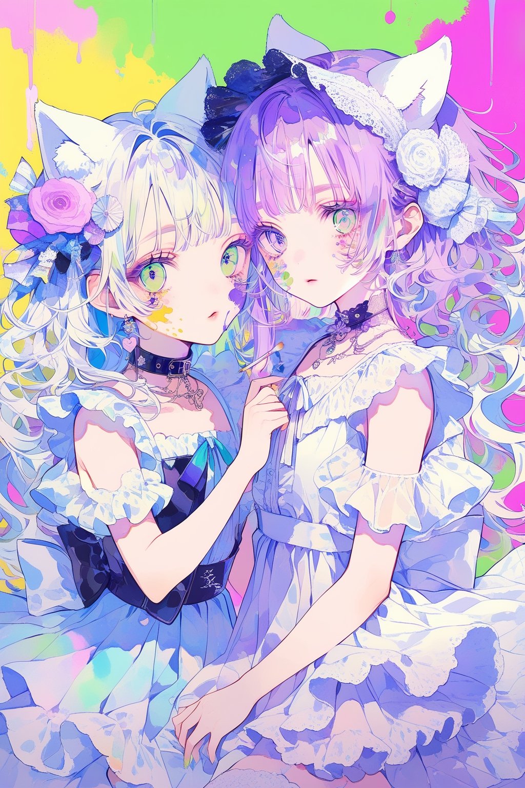  masterpiece, best quality, whimsical and colorful illustration featuring two charming Kawaii girls purple, donning adorable pastel outfits and cute accessories green, striking playful poses as vibrant paint splatters and drips swirl around them, adding a touch of whimsy and dynamism to their cute anime-inspired characters, Illustration, mixed media (digital painting and traditional watercolor purple),multicolored hair green, multicolored eyes, multicolored_dress, (multicolored_background:1.4), long hair,kawaii,deco , decora ,DECORA, Japanese aesthetic and fashion deco, ((((deco)))) decora, tokyo fashion... colorful clothing surrounded by other colorful objects on top ,dolls on head, stuffed Toys, collars, animals, stickers on face , on body, hair ornament, emo, (complementary colors purple, green:1.4), 