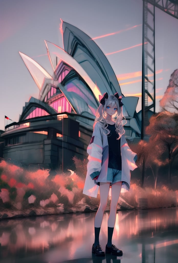 (Opera House sydney:1.4),

1girl, solo, long hair, looking at viewer, shirt, long sleeves, bow, holding, twintails, closed mouth, jacket, hair bow, grey hair, shoes, shorts, socks, open jacket, sleeves past wrists, grey eyes, black shirt, , white jacket, ,cinematic, 

((Opera House background:1.2)