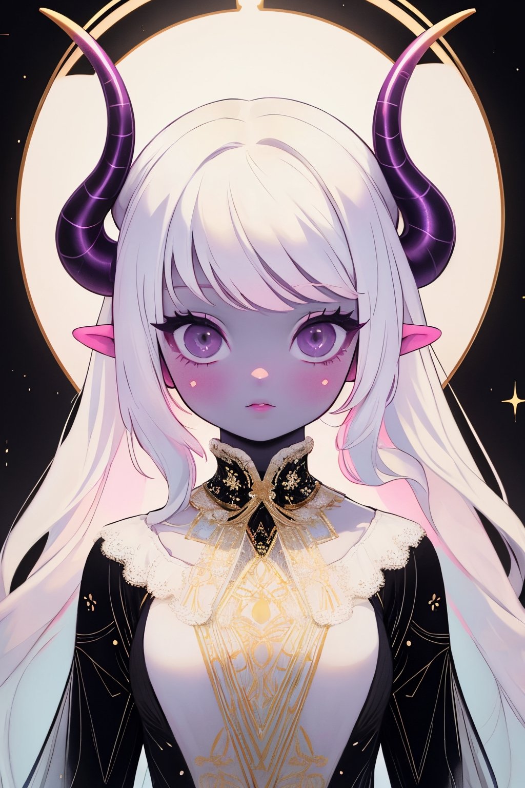 (masterpiece),,(best quality), 

(long intricate horns:1.2) ,albino girl, deep black eyes, skin reflects an almost celestial glow, highlighting her ethereal nature,  albino demon girl,goth person, upper body, 