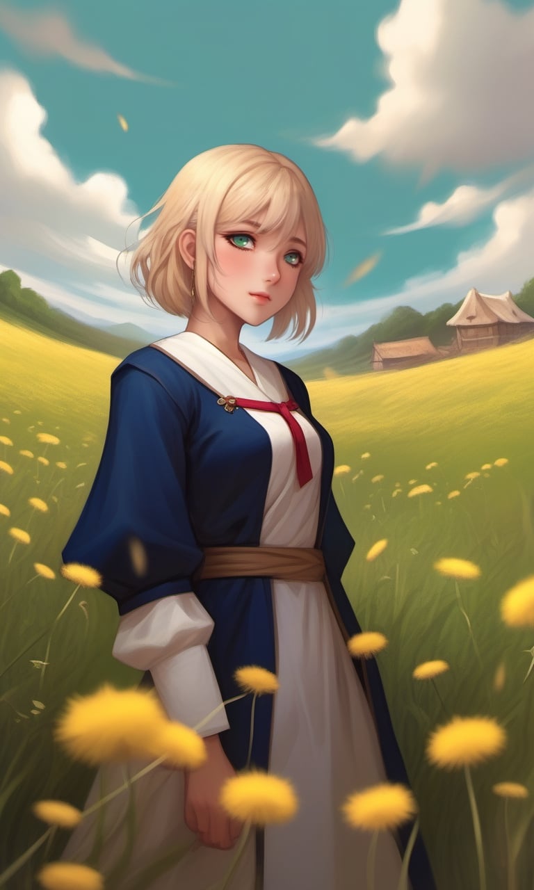 score_9, score_8_up, score_7_up, score_6_up, score_5_up, score_4_up, (source_anime),  1girl, solo, looking at viewer, blush, short hair, open mouth, blonde hair,  hair ornament,  green eyes, ass, pants, from behind, (dandelion field:1.4)

(iconic medieval),(dynamic pose, looking at viewer),more detail XL,