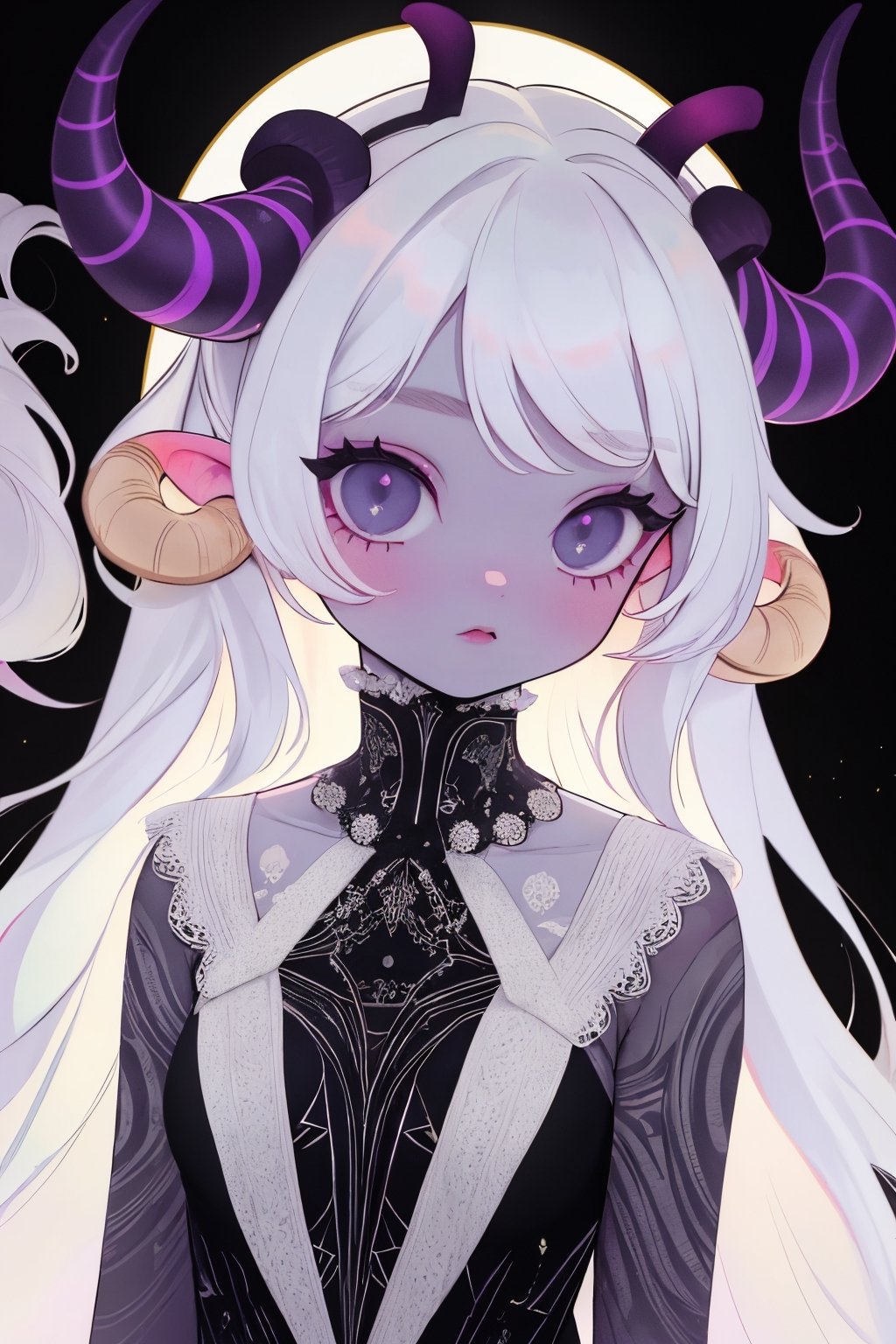 (masterpiece),,(best quality), 

(long intricate horns:1.2) ,albino girl, deep black eyes, skin reflects an almost celestial glow, highlighting her ethereal nature,  albino demon girl,goth person, upper body, 