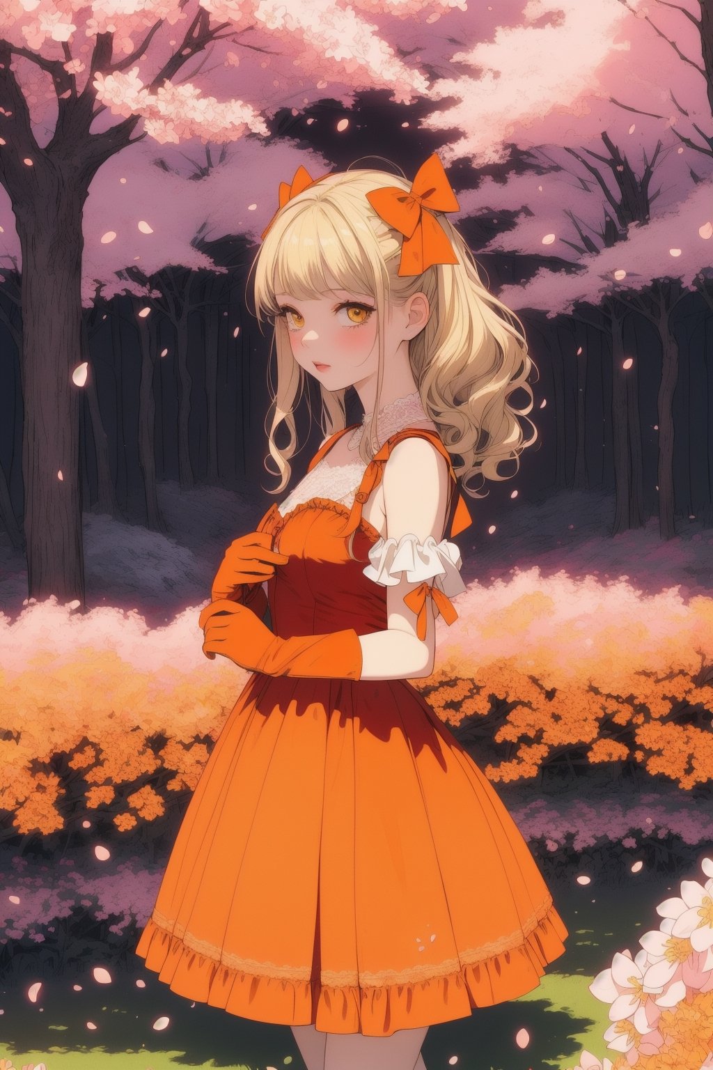 girl in lolita, (red dress:1.1), (wearing lace gloves), curly blonde hair adorned with bows, standing in a blooming cherry blossom garden, surrounded by fluttering butterflies, soft sunlight filtering through the trees orange, creating a dreamy and ethereal atmosphere analogous colors yellow, 
(analogous colors red, orange, yellow:1.3)