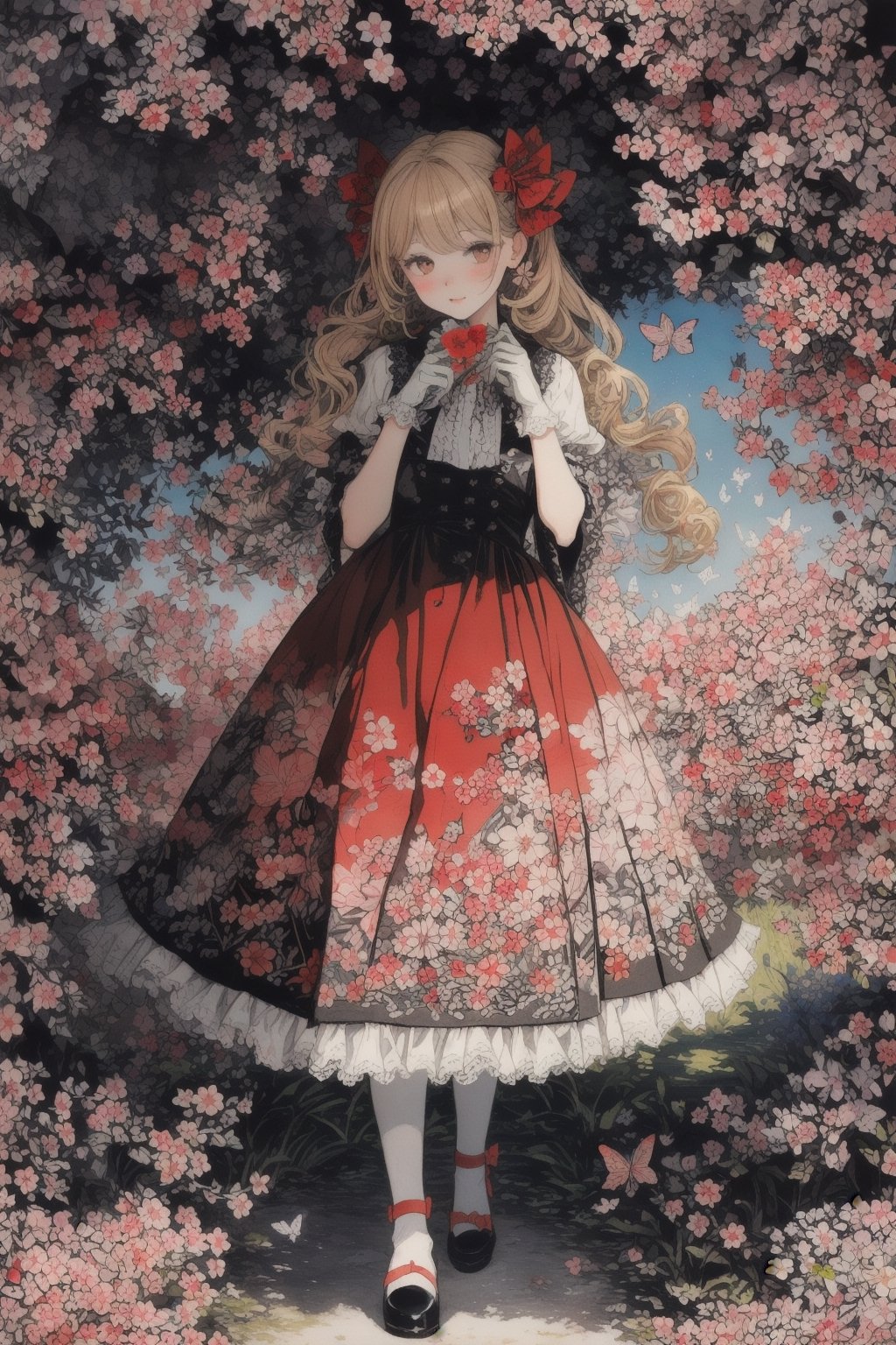 girl in lolita, dressed in a pastel red frilly dress, wearing lace gloves yellow, holding a sunshade with intricate floral design, curly blonde hair adorned with bows, standing in a blooming cherry blossom garden, surrounded by fluttering butterflies, soft sunlight filtering through the trees, creating a dreamy and ethereal atmosphere, painted in soft watercolor strokes.,DArt, (theme red:1.2)
(analogous colors red:1.8)