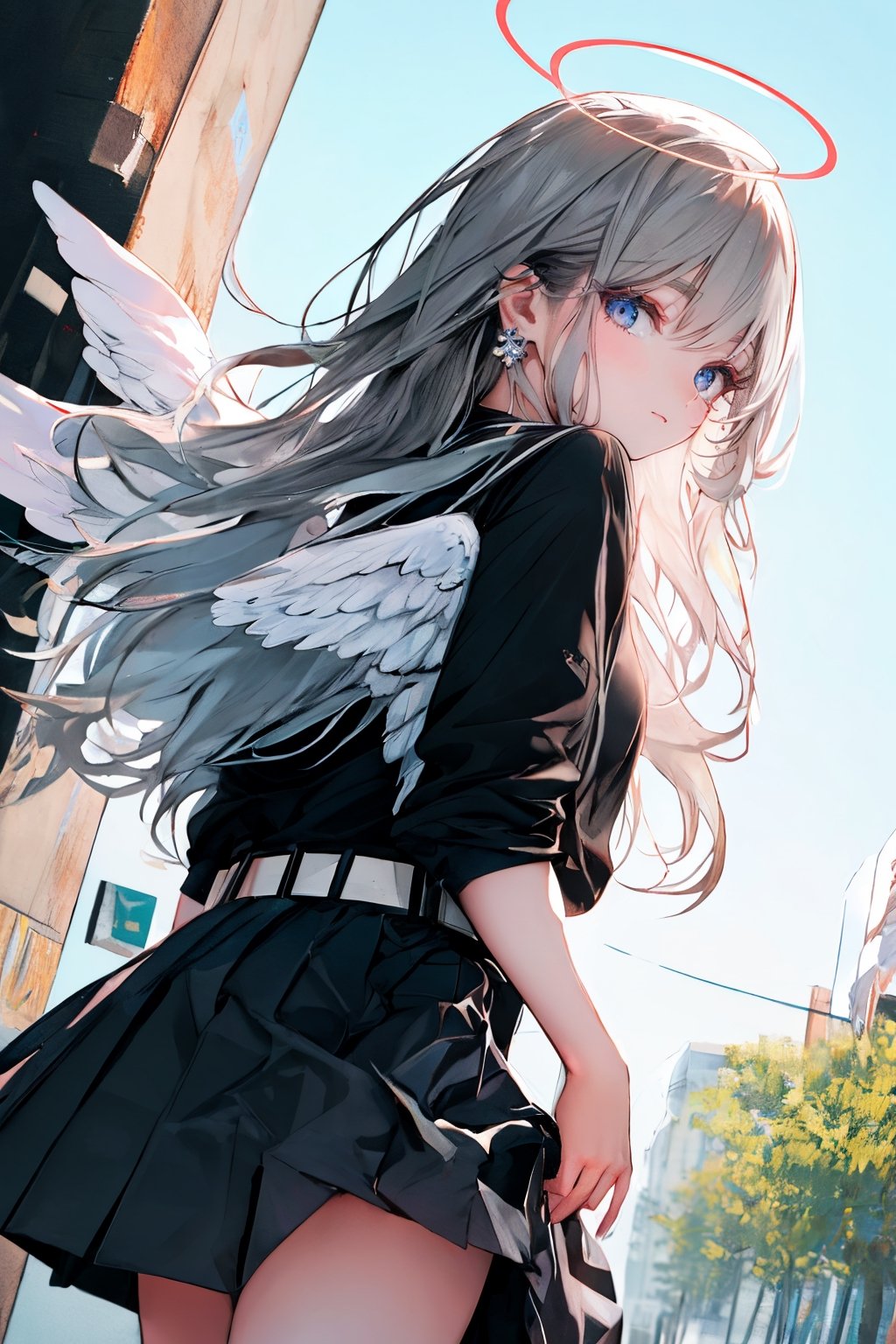 (masterpiece),,(best quality), High detailed ,masterpiece, 

1girl, solo, long hair, looking at viewer, blue eyes, skirt, shirt, long sleeves, jewelry, closed mouth, grey hair, pleated skirt, earrings, outdoors, wings, belt, black skirt, black shirt, halo, ear piercing, feathered wings, angel wings, angel