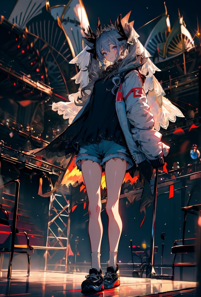 highres,absurdres,masterpiece,best quality,original,extremely detailed CG,extremely detailed wallpaper,perfect lighting,(standing on the stage),blurry background,looking at viewer,,0p3r4,dress,veil, (opera house:1.4)


1girl, solo, long hair, looking at viewer, shirt, long sleeves, bow, holding, twintails, closed mouth, jacket, hair bow, grey hair, shoes, shorts, socks, open jacket, sleeves past wrists, grey eyes, black shirt, , white jacket, ,cinematic, 