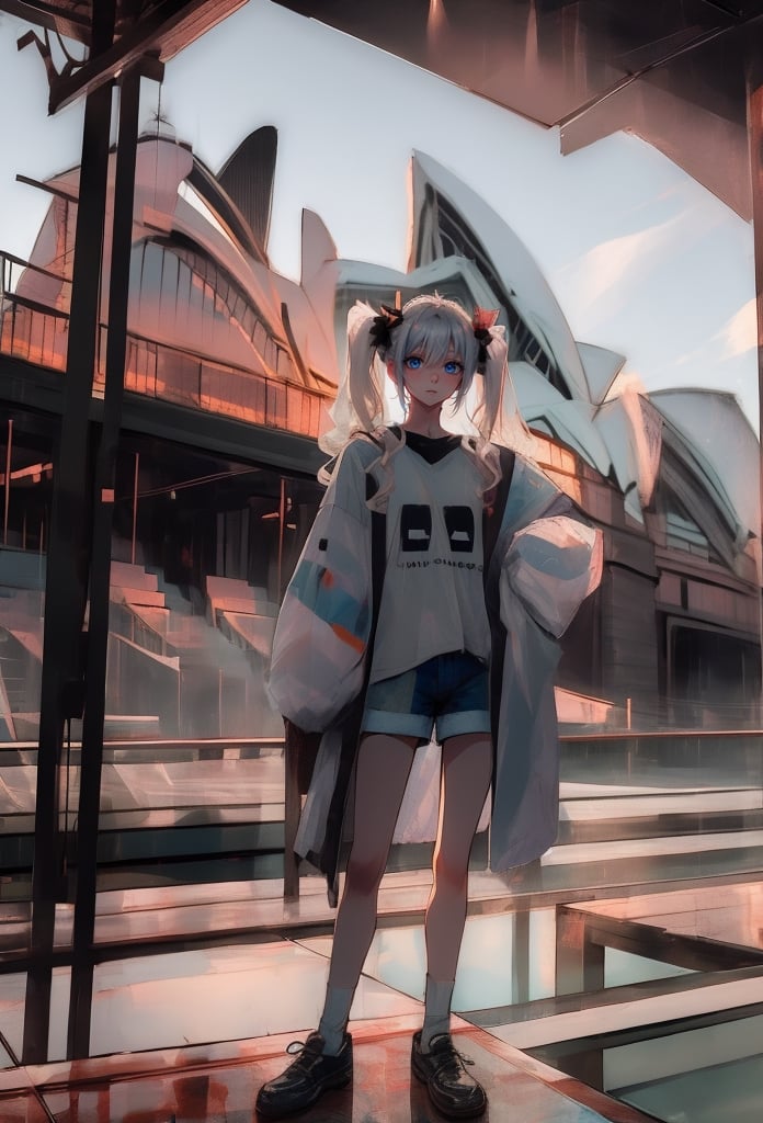 (Opera House sydney:1.4),

1girl, solo, long hair, looking at viewer, shirt, long sleeves, bow, holding, twintails, closed mouth, jacket, hair bow, grey hair, shoes, shorts, socks, open jacket, sleeves past wrists, grey eyes, black shirt, , white jacket, ,cinematic, 

((Opera House background:1.2)