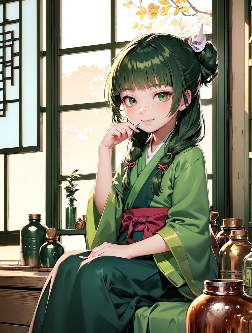 deformed Anime Style,full body,beautiful,smirk,
masterpiece, best quality, highres, 1girl hair ribbon hair ornament, hanfu green shirt wide sleeves red skirt long skirt , smirk, indoors, east asian architecture,1girl ((hair ribbon hair ornament,bun)),((Portrait)),1girl,maomao,((Dark green hair:1.4)), (20 years old:1.3)
shangfu,freckles, (blue ribbon:1.4)

,

masterpiece, best quality,indoors,Wood windows,Chinese architecture,1girl,bandage,sitting, grin,star eyes, (herbs:1.2), (antique white medicine bottles, medicinal jars, apothecary tools:1.4),perfect, 