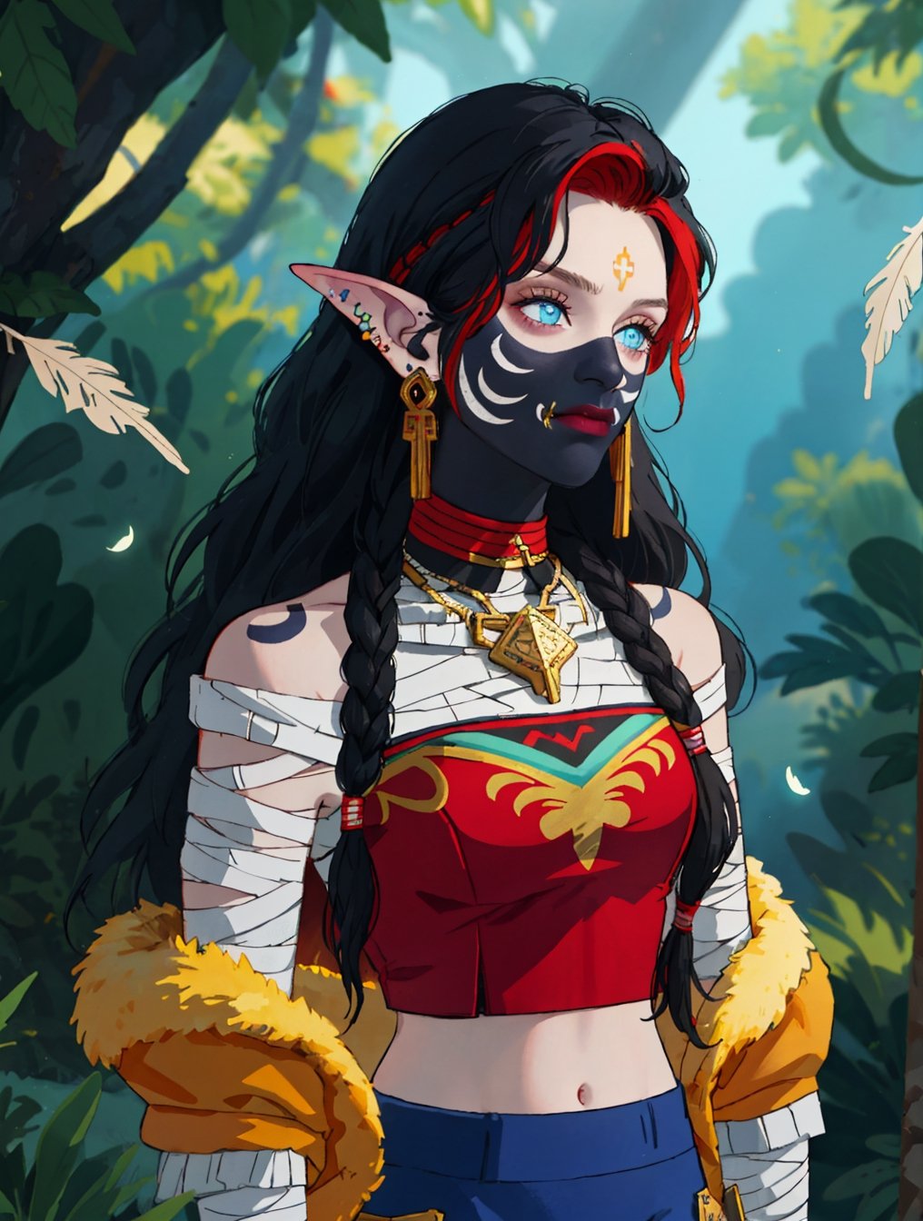 1girl, portrait of beautiful shewowtroll, facepaint, lip piercing, glowing blue eyes, dark grey skin, tattoo, jewelry, aztec heavy armor with runes and glyphs, crop top, bandages, feathers, fur trim, multicolored hair, dreadlocks, desert, sunlight, volumetric lighting, best quality, masterpiece, realistic ,shewowtroll

(best quality, masterpiece, highres),from behine,1girl stand,solo,tanktop no bra,off shoulders and jacket,shirt,mini_skirt,
