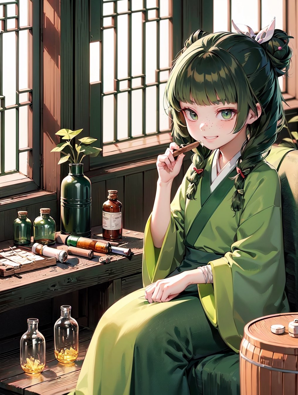 deformed Anime Style,full body,beautiful,smirk,
masterpiece, best quality, highres, 1girl hair ribbon hair ornament, hanfu green shirt wide sleeves red skirt long skirt , smirk, indoors, east asian architecture,1girl ((hair ribbon hair ornament,bun)),((Portrait)),1girl,maomao,((Dark green hair:1.4)), (20 years old:1.3)
shangfu,freckles, (blue ribbon:1.4)

,

masterpiece, best quality,indoors,Wood windows,Chinese architecture,1girl,bandage,sitting, grin,star eyes, (herbs:1.2), (antique white medicine bottles, medicinal jars, apothecary tools:1.4),perfect, 