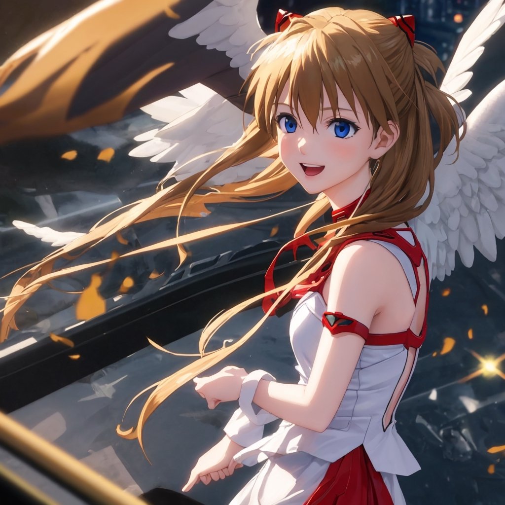 asuka,angel_wings, angel, masterpiece, full details, details, black eyes, blonde laughed hair, dynamic background  , blue eyes,3D, adult.