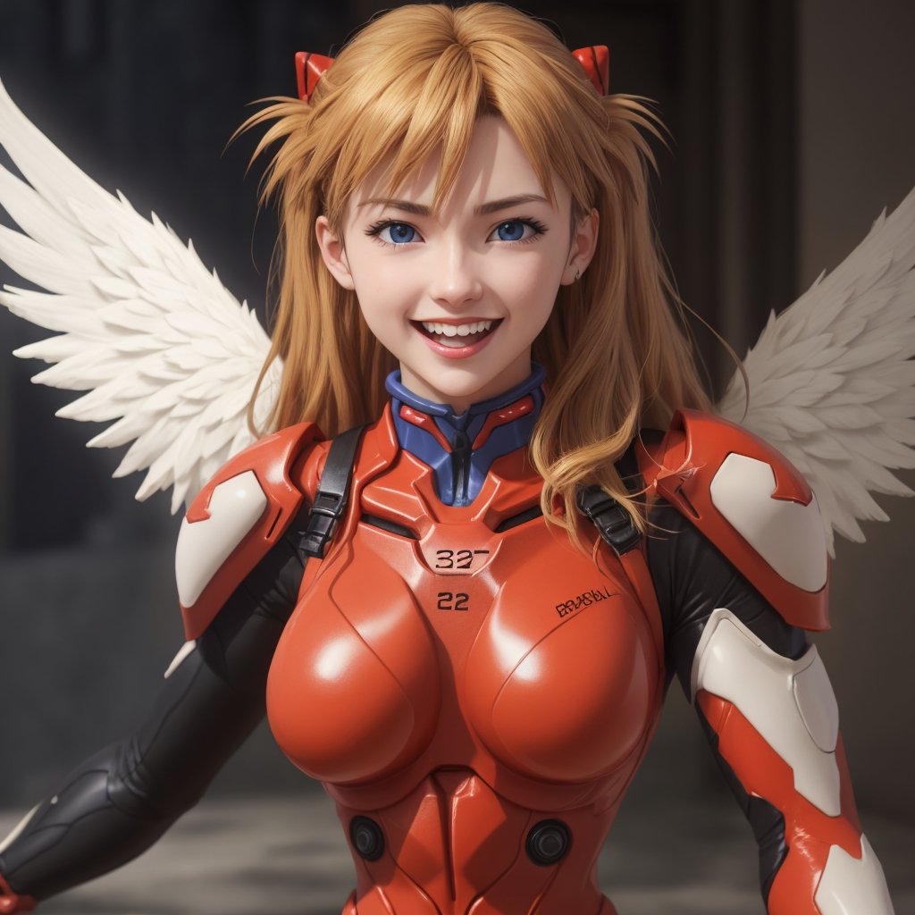 asuka,angel_wings, angel, masterpiece, full details, details, black eyes, blonde laughed hair, dynamic background  , blue eyes,3D