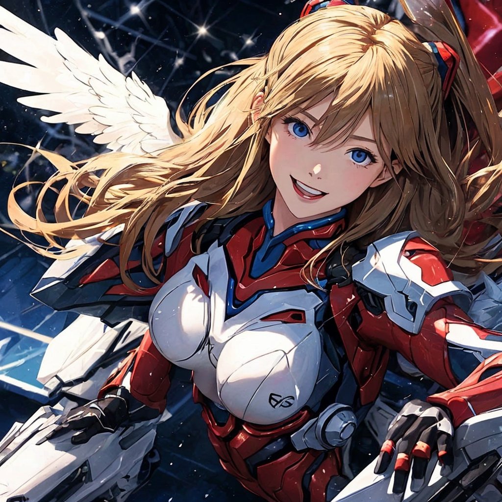 asuka,angel_wings, angel, masterpiece, full details, details, black eyes, blonde laughed hair, dynamic background  , blue eyes