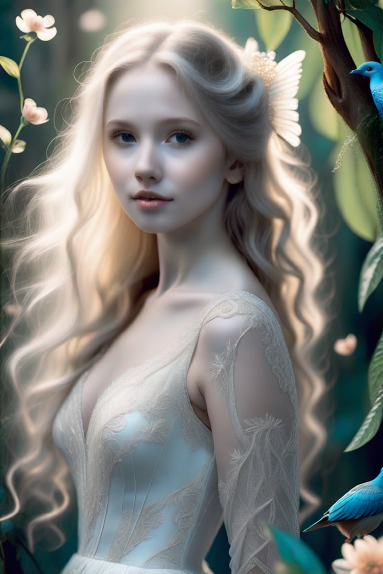 A serene composition captures a stunning young woman, her long blonde locks cascading down her back like a river of gold. Her pale skin glows softly, illuminated by the gentle light that filters through the lush greenery behind her. She wears a delicate lace dress that seems to shimmer in harmony with the birds and flowers that surround her. The intricate details on her gown appear almost ethereal, as if woven from the very essence of wonder itself. Her beauty is truly awe-inspiring.