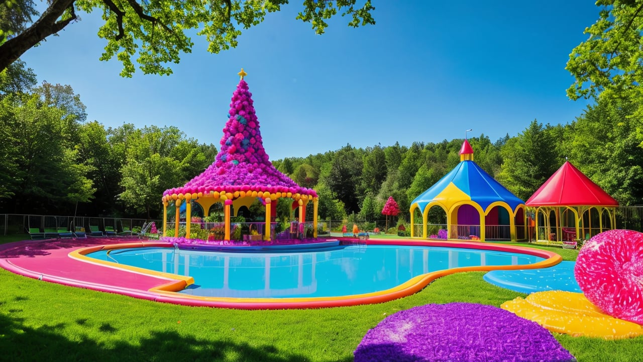 a vibrant eye-level view of a candy land is depicted. The candy land features a giant music stage in the middle of the frame, adorned with the words "Fruit Gala" in yellow letters. The backdrop is a lush green landscape, dotted with lush green trees and vibrant purple flowers. The focal point of the image is a giant candy land, with a pool of water surrounding it. The pool is adorned with a variety of candy, including pink, orange, and blue candy. Adjacent to the candy land are a few trees, their leaves adding a pop of color to the scene.