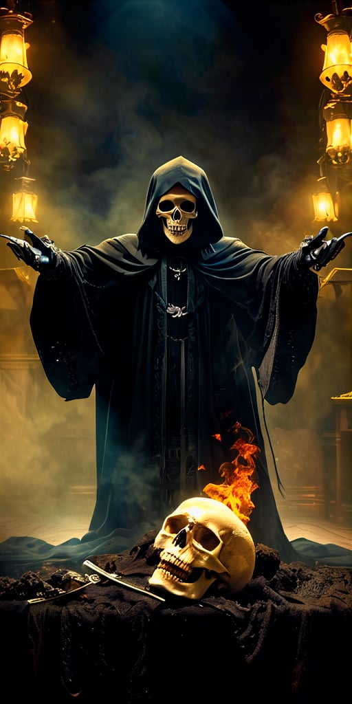 grad view, digital art of Shakespeare performing the play "To be or not to be" in a grim reaper outfit, looking at a skull he holds in his hands, a phantasmagoric piece of theatrical action, he is in the middle of a stage, with lights focusing on his body and a few smoke in the background surrounding, global illumination in yellow