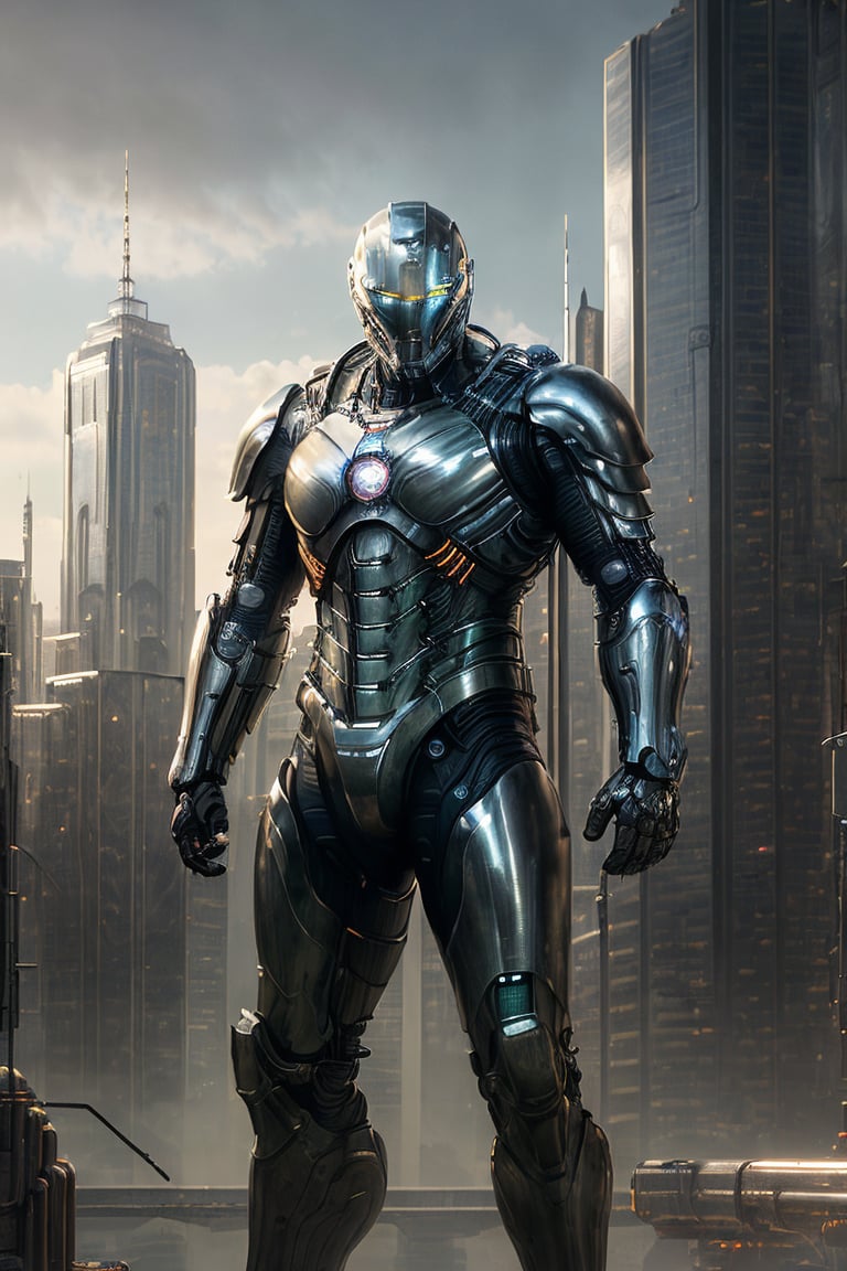 (masterpiece, best quality:1.3), photorealistic, raw photo, hyperrealistic, hyperdetailed, natural light, ray tracing, subsurface scattering, high-resolution,  high contrast, realistic style, HDR, 8k , extreme detailed background, soothing tone, man wearing a cybernetic high tech armour, stand in the center in heroic pose, (cityscape:1.5)