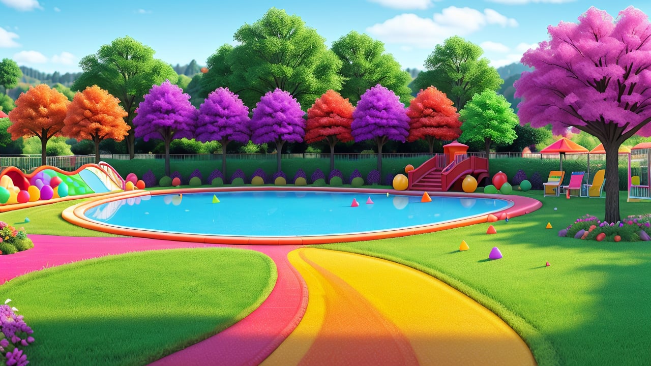 a vibrant eye-level view of a candy land is depicted. The candy land features a giant music stage in the middle of the frame, adorned with the words "Fruit Gala" in yellow letters. The backdrop is a lush green landscape, dotted with lush green trees and vibrant purple flowers. The focal point of the image is a giant candy land, with a pool of water surrounding it. The pool is adorned with a variety of candy, including pink, orange, and blue candy. Adjacent to the candy land are a few trees, their leaves adding a pop of color to the scene.