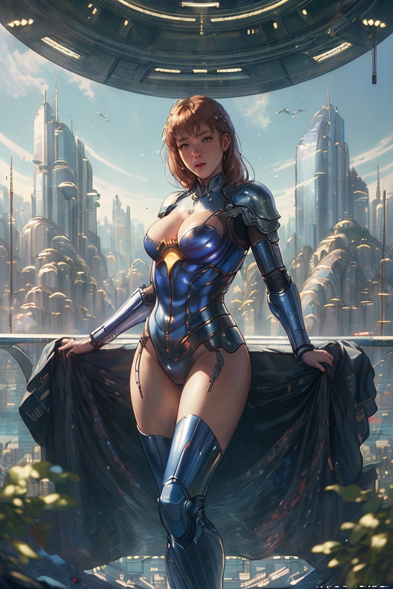 (masterpiece, best quality:1.3), photorealistic, raw photo, hyperrealistic, hyperdetailed, natural light, ray tracing, subsurface scattering, high-resolution,  high contrast, realistic style, HDR, 8k , extreme detailed background, soothing tone, man wearing a cybernetic high tech armour, stand in the center in heroic pose, (cityscape:1.5)