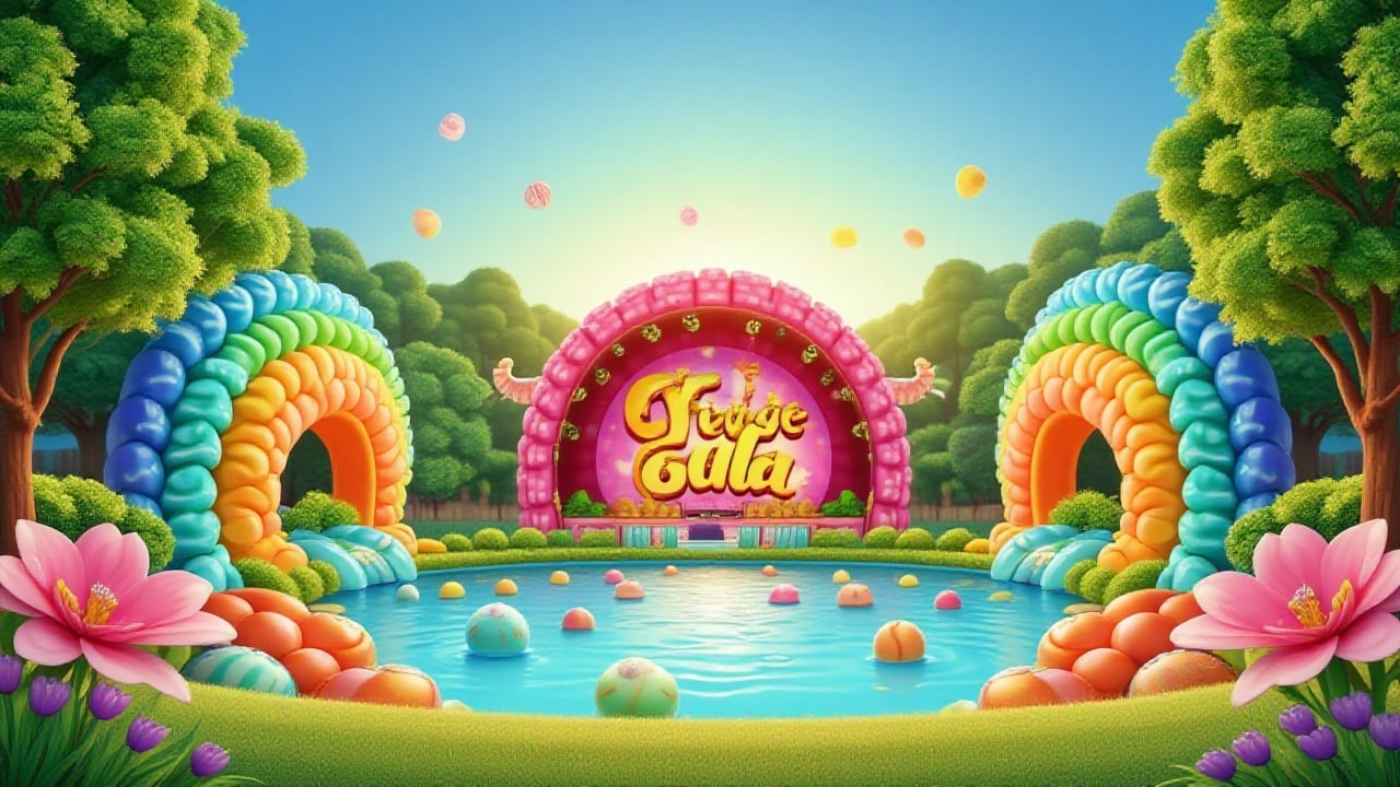 a vibrant eye-level view of a candy land is depicted. The candy land features a giant music stage in the middle of the frame, adorned with the words "Fruit Gala" in yellow letters. The backdrop is a lush green landscape, dotted with lush green trees and vibrant purple flowers. The focal point of the image is a giant candy land, with a pool of water surrounding it. The pool is adorned with a variety of candy, including pink, orange, and blue candy. Adjacent to the candy land are a few trees, their leaves adding a pop of color to the scene.