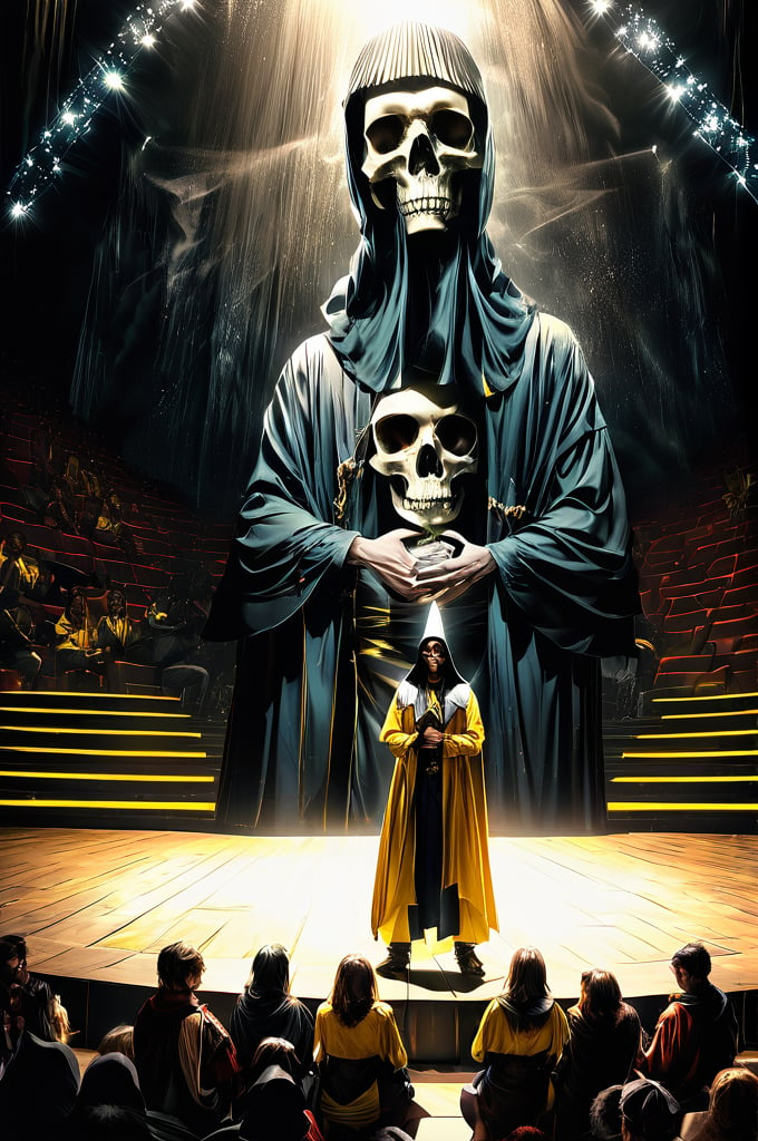 grad view, digital art of Shakespeare performing the play "To be or not to be" in a grim reaper outfit, looking at a skull he holds in his hands, a phantasmagoric piece of theatrical action, he is in the middle of a stage, with lights focusing on his body and a few smoke in the background surrounding, global illumination in yellow