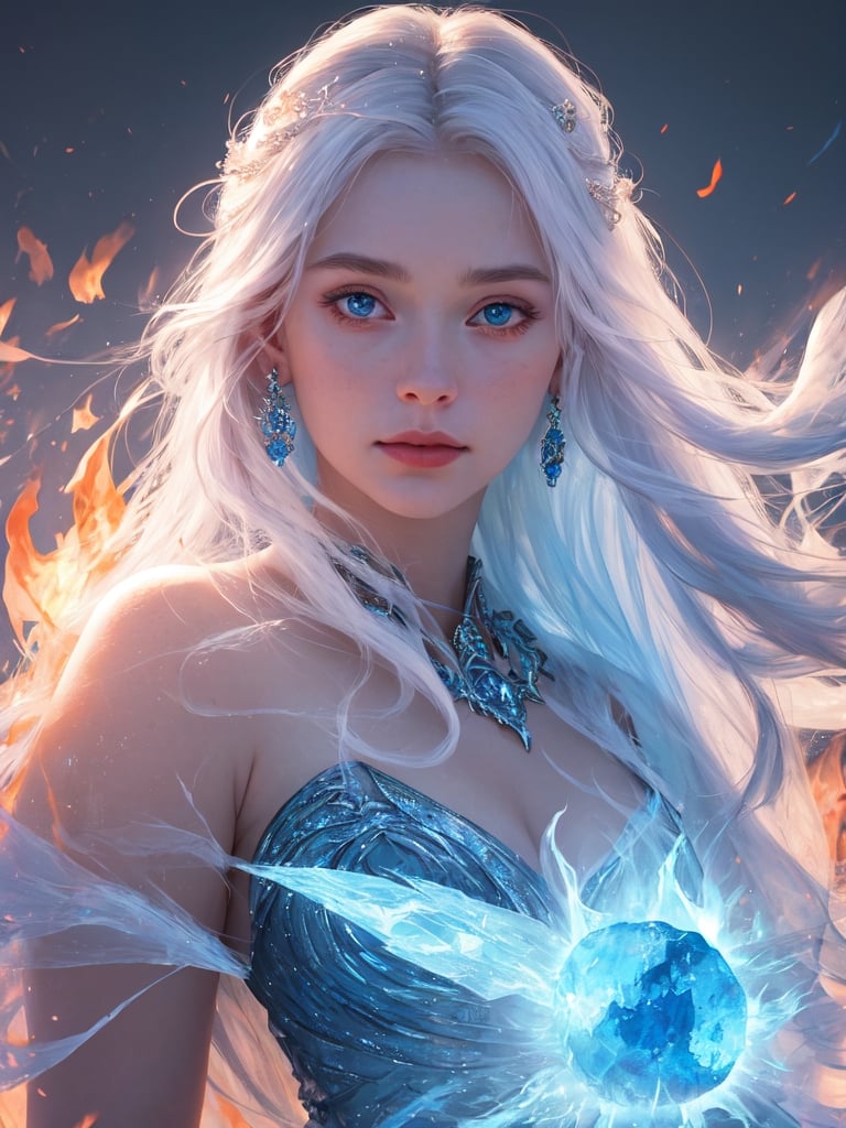 super photorealistic closeup portrait of a radiant goddess of fire and ice.
  