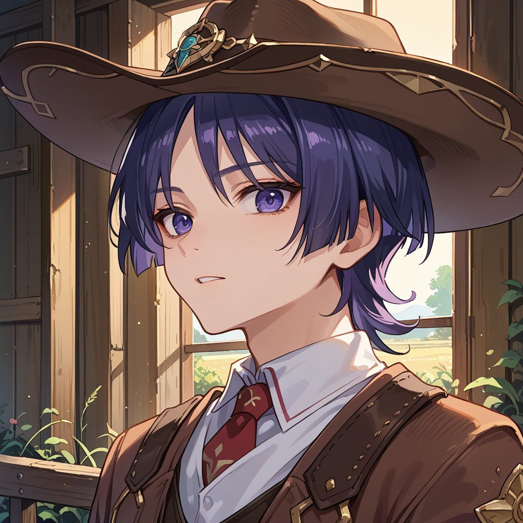 score_9, score_8_up, score_7_up, source_anime, portrait, 1boy, solo, male focus,scara,purple hair,purple eyes, cowboy hat, cowboy clothes, at a barn