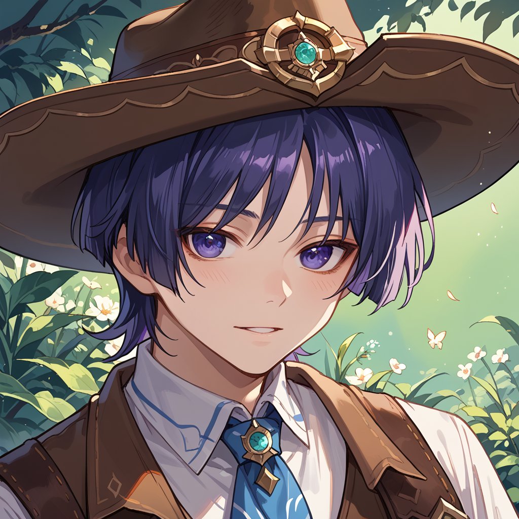 score_9, score_8_up, score_7_up, source_anime, portrait, 1boy, solo, male focus,scara,purple hair,purple eyes, cowboy hat, cowboy clothes, at a stable