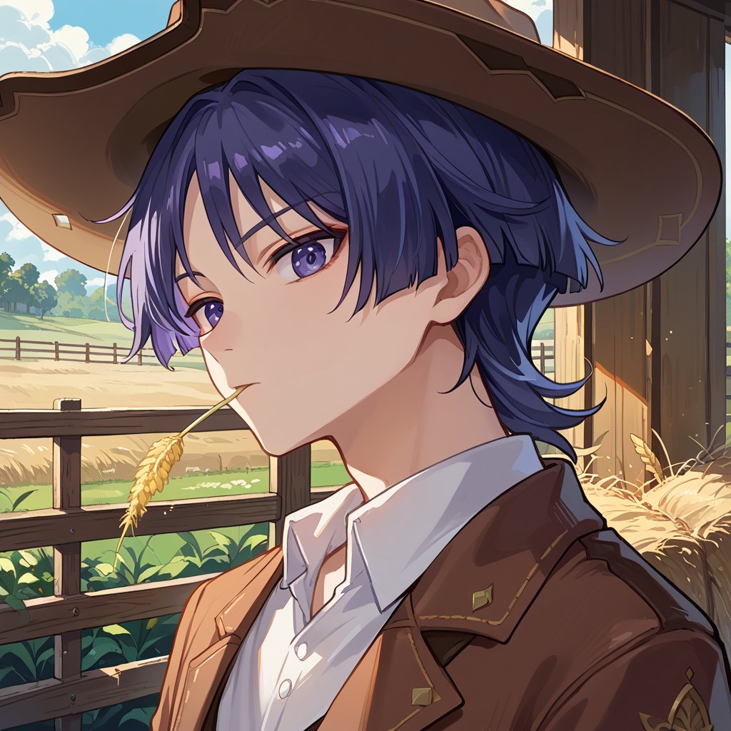 score_9, score_8_up, score_7_up, source_anime, portrait, 1boy, solo, male focus,scara,purple hair,purple eyes, cowboy hat, cowboy clothes, at a barn, straw in mouth