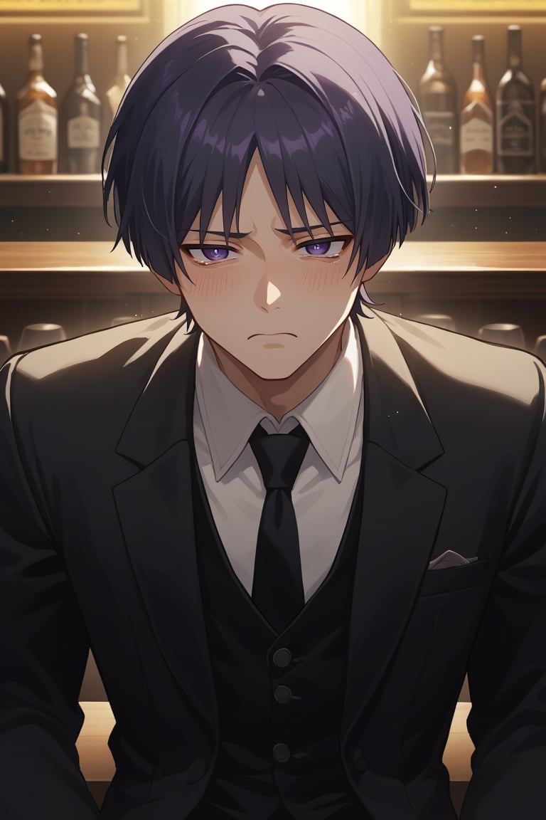 score_9, score_8_up, source_anime, broad lighting, (detailed face), 1boy, solo, male focus, Scara, black suit, black tie, sad, dark purple eyes, at a bar, slight blush