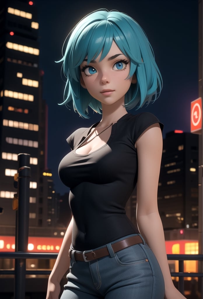 centered, award winning  portrait, (game cg, 3d, unreal engine), (beautiful detailed eyes), (gorgeous woman face), | solo, 1girl, short hair, aqua hair color, dark blue eyes color, | casual outfit, (medium breasts:1.2), | sunset, city, tokyo, buildings, city lights, | depth of field, bokeh, | smooth detailed shadows, hyperealistic shadows, (saturated colors:1.2) |