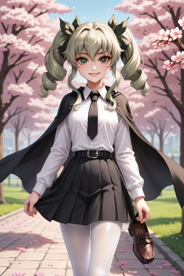 masterpiece,best quality,highres,ultra-detailed,aaanchovy,long hair,twin drills,bangs,hair ribbon,long sleeves,black cape,emblem,black necktie,wing collar,dress shirt,black belt,(black skirt:1.1),white pantyhose,loafers,outdoors,cherry blossoms,standing,cowboy shot,smile,