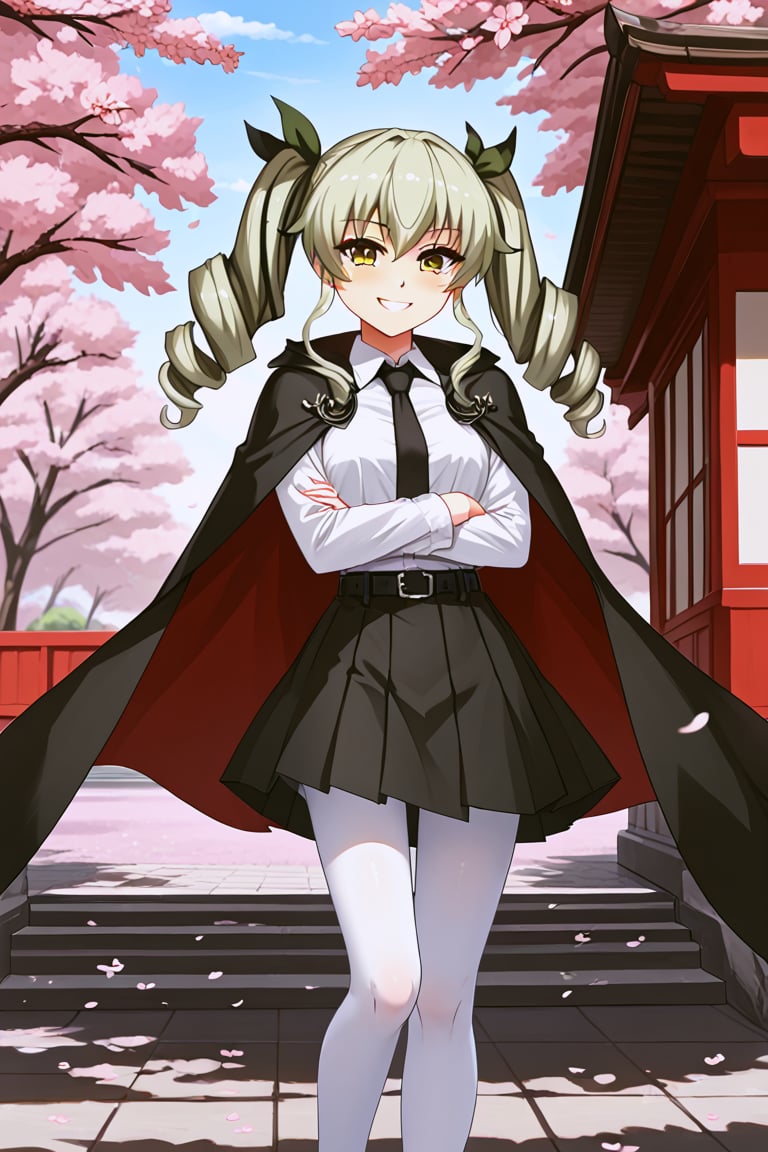 masterpiece,best quality,highres,ultra-detailed,aaanchovy,long hair,twin drills,bangs,hair ribbon,long sleeves,black cape,emblem,black necktie,wing collar,dress shirt,black belt,(black skirt:1.1),white pantyhose,loafers,outdoors,cherry blossoms,standing,cowboy shot,smile,