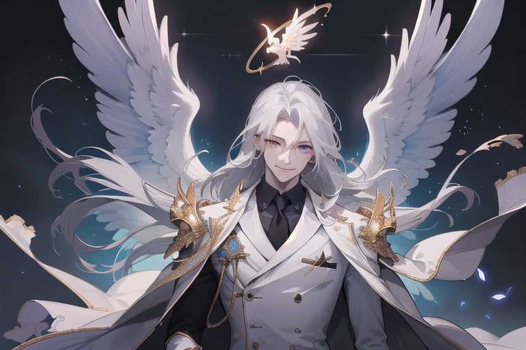 1guy. beautiful detailes, angel_wings, smile, beautiful detailed_face, white suit, halo_(copyright), dark background, detail wings,wings, very_long_hair, ,phoenix wing