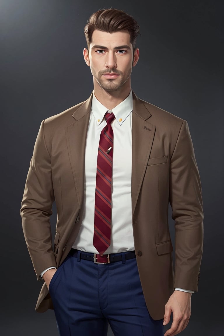 (1 image only), solo male, bara, Chase Devineaux, French, detective, brown hair, short hair, hair slicked back, brown eyes, sideburns, facial hair, broad stubble, white collared shirt, striped brown/red necktie, pure brown suit jacket, pants, mature, handsome, charming, alluring, standing, upper body , perfect anatomy, perfect proportions, (best quality, masterpiece), high_resolution, photorealistic, hyperrealistic, madly detailed photo, hyper-realistic lifelike texture, picture-perfect face, (realistic eyes, perfect eyes, perfect eye pupil), perfect hands, dutch angle