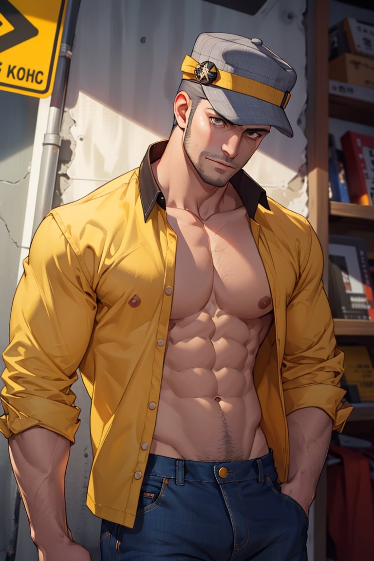 (1 image only), solo male, Munehisa Iwai,  Persona, Asian ,Japanese, Weapons Dealer, grey hair, short hair, stubble, grey eyes, sideburns, gray pin-striped hat with yellow ear defenders, topless, shirtless, open fly, simple blue jeans, black leather boots, mature, handsome, charming, alluring, upper body, perfect anatomy, perfect proportions, (best quality, masterpiece), (perfect eyes), high_resolution, dutch angle, cowboy shot  ,Munehisa Iwai