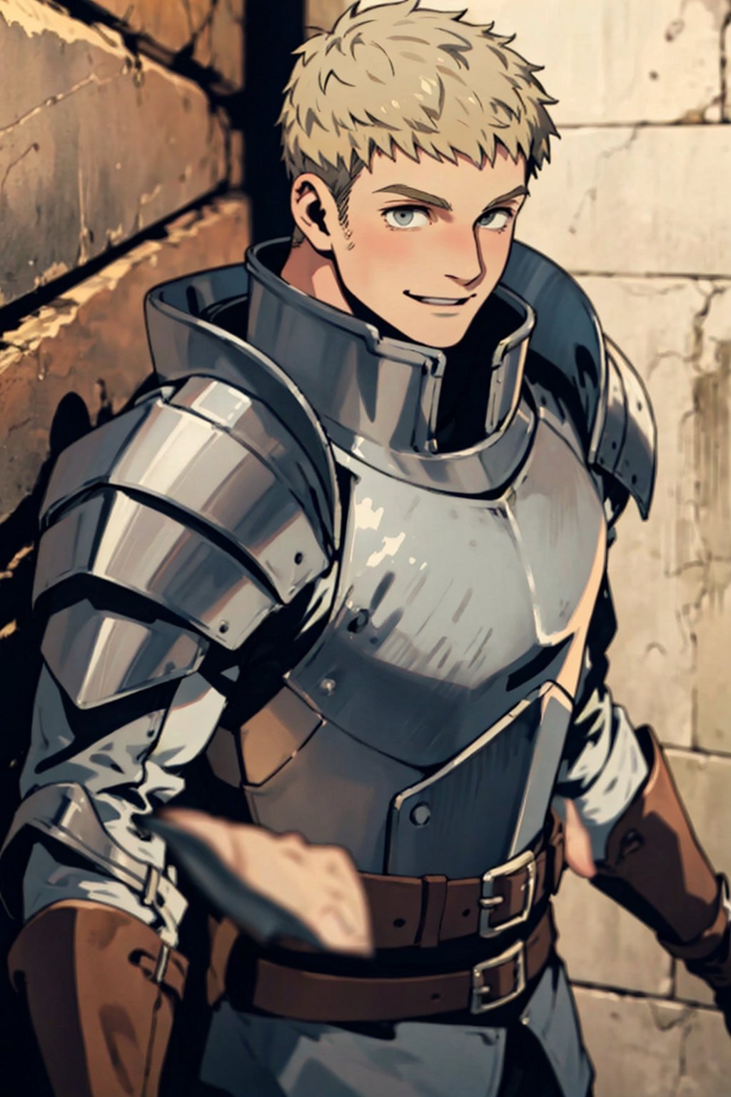 (1 image only), solo male, 1boy, Laios Touden, Delicious in Dungeon, knight, blond hair, short hair, light gold eyes, average height, silver plate armour, silver gauntlets, white shirt under armor, silver knee guards, simple brown boots, smile, handsome, charming, alluring, standing, upper body in frame, perfect anatomy, perfect proportions, 2d, anime, (best quality, masterpiece), (perfect eyes, perfect eye pupil), high_resolution, dutch angle, dungeon location, (Hands:1.1), better_hands