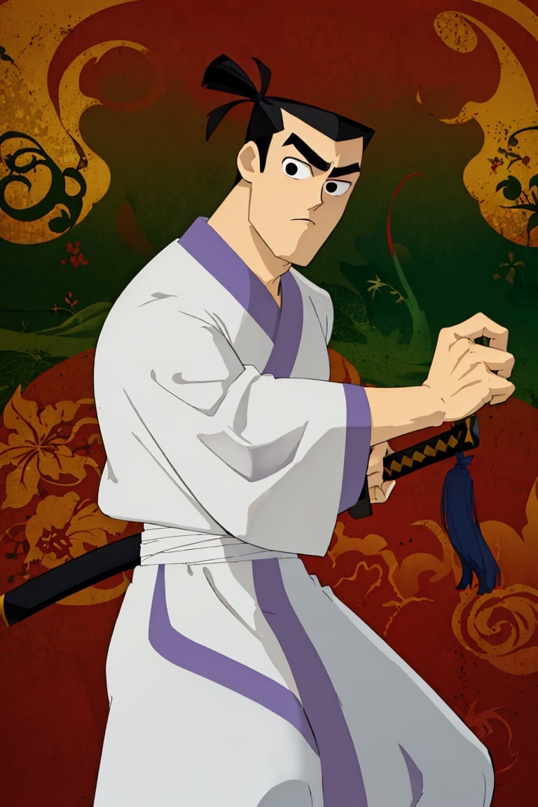 (1 image only), solo male, Samurai Jack, Cartoon Network style, Asian, Japanese, black hair, short topknot, black eyes, geta, white kimono, white sashes, wide sleeves, mature, handsome, charming, alluring, uperfect anatomy, perfect proportions, (best quality, masterpiece), perfect hands, high_resolution, dutch angle, cowboy shot, fine art, (2d, flat), (single placket),  fighting_stance, holding sword, battoujutsu