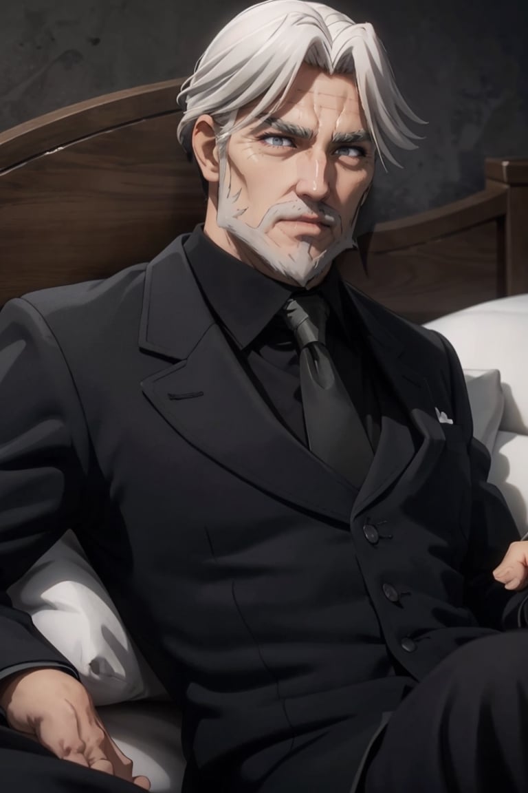 (solo man), male focus, Sebas Tian, old man, hair_slicked, grey eyes, grey hair, grey beard, black tailcoat, black collared shirt ,gray necktie, white glove, arm rised, upper body, (lying on bed, on back, spread legs), masculine, handsome, charming, alluring, blush, perfect eyes, perfect anatomy, perfect proportions, perfecteyes