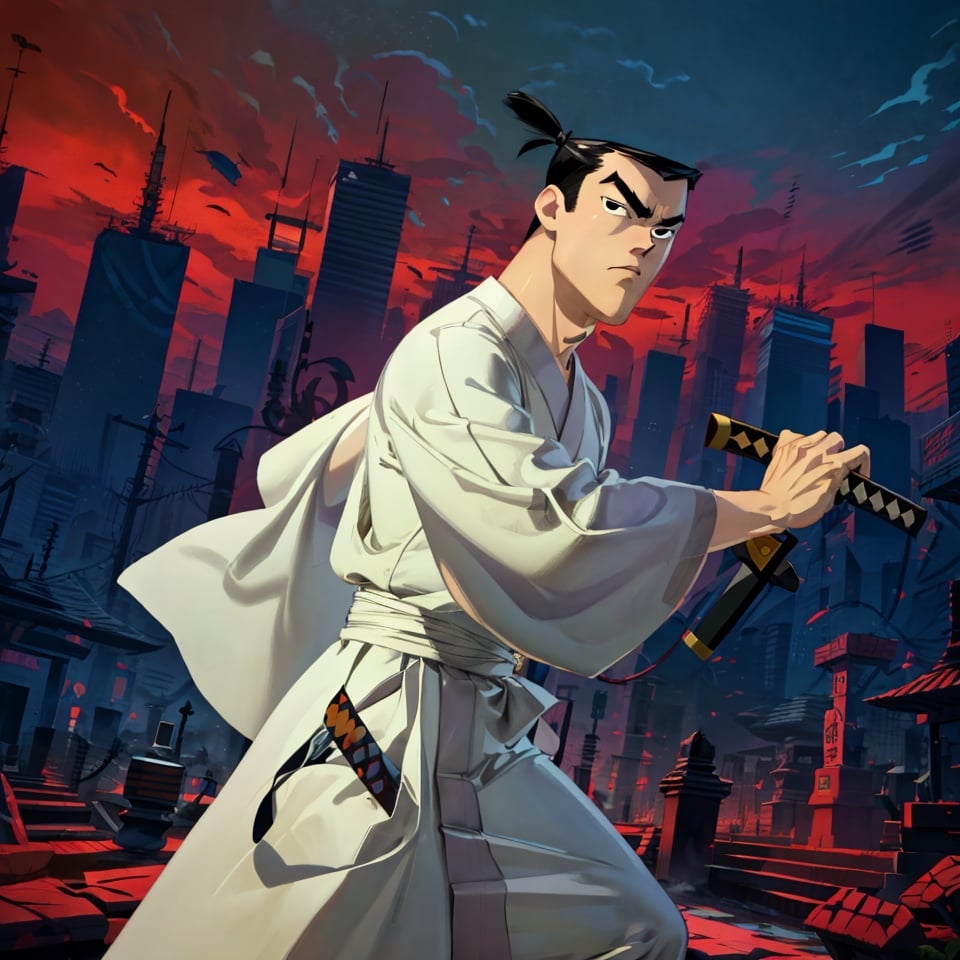 (1 image only), solo male, Samurai Jack, Cartoon Network style, Asian, Japanese, black hair, short topknot, black eyes, geta, white kimono, white sashes, wide sleeves, mature, handsome, charming, alluring, uperfect anatomy, perfect proportions, (best quality, masterpiece), perfect hands, high_resolution, dutch angle, cowboy shot, fine art, (2d, flat), (single placket),  fighting_stance, holding sword, battoujutsu, red and black cityscape