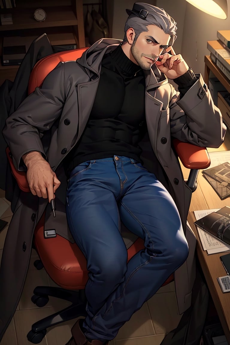 (1 image only), solo male, Munehisa Iwai,  Persona, Asian, Japanese, Weapons Dealer, grey hair, short hair, grey hat, stubble, grey eyes, sideburns, black turtleneck sweater, long gray coat, open coat, coat hood down, simple blue jeans, black leather boots, mature, masculine, handsome, charming, alluring, lying on chair, (foot on desk), holding lollipop, pov, perfect anatomy, perfect proportions, (best quality, masterpiece), (perfect eyes), high_resolution, dutch angle, [cowboy shot], weapon workshop