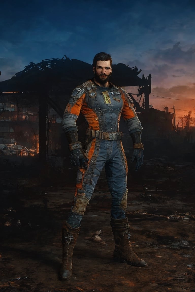 solo male, realistic, Paladin Danse, Fallout 4, short hair, warm black hair, light brown eyes, beard, orange-gray Brotherhood of Steel uniform, orange-gray bodysuit, gloves, boots, mature, handsome, charming, alluring, standing, upper body, perfect anatomy, perfect proportions, best quality, masterpiece, high_resolution, dutch angle, cowboy shot, photo background, ruined overhead interstate, Fallout 4 location, post-apocalyptic ruins, desolated landscape, dark blue sky