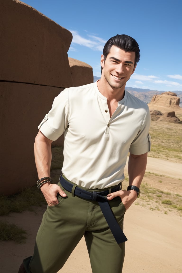 (1 image only), solo male, Kaburagi, Deca Dence, greying black hair, slicked back hair, thick eyebrows, sideburns, goatee, green eyes, scar, tucked-in wide necked short-sleeved white shirt, sleeves tucked up and buttoned, short sleeves, olive wide pants, brown boots. black belt tied. leather bracelet, toned male, mature, handsome, charming, alluring, grin, standing, upper body, perfect anatomy, perfect proportions, best quality, masterpiece, high_resolution, dutch angle, cowboy shot, outdoors, day, blue sky, science fiction, photo background