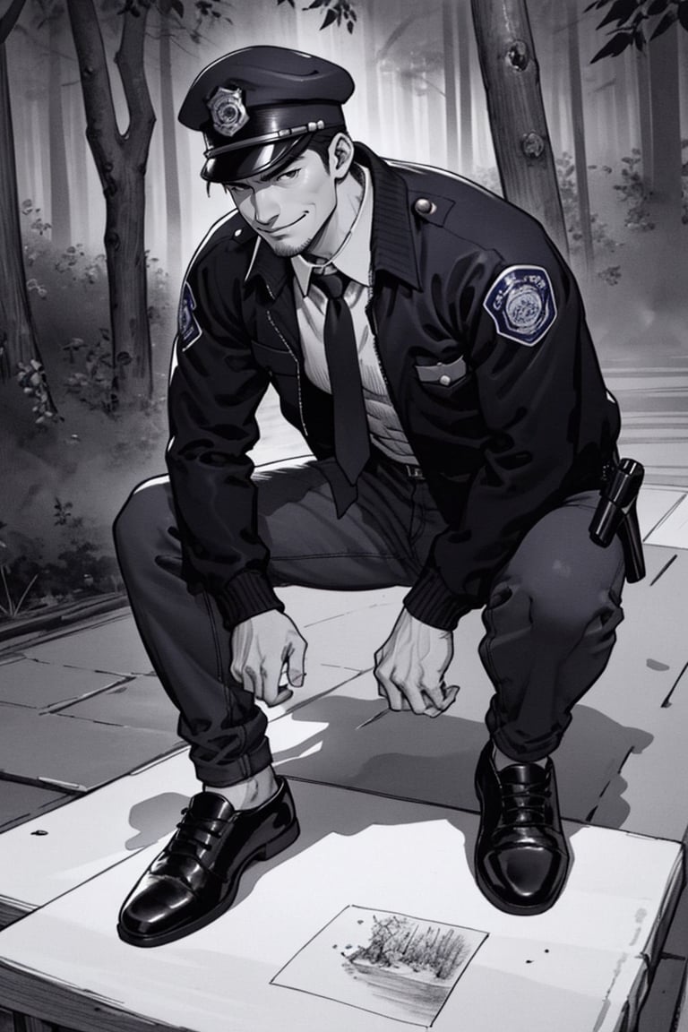 (1 image only), solo male, Agawa Daigo, Gannibal, Asian ,Japanese, black hair, short hair, thin stubble, black eyes, policeman, white collared shirt, dark blue necktie, black jacket, long sleeves, black sleeves, (buttoned up jacket), dark blue pants, black shoes, police peaked cap, (adjusting cap), mature, handsome, charming, alluring, perfect anatomy, perfect proportions,(perfect eyes), perfect hands, rural, pastoral, forest, creep, suspense, horror, manga, greyscale, monochrome, (manga brushwork style, traditional drawing),smirk,boichi manga style