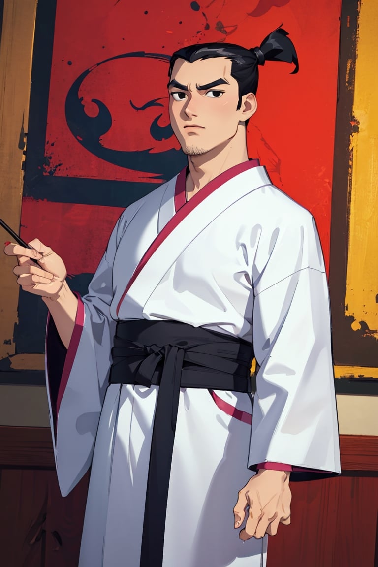 (1 image only), solo male, Samurai Jack, Cartoon Network style, Asian, Japanese, black hair, topknot, black eyes, geta, whire kimono, wide sleeves, mature, handsome, charming, alluring, standing, upper body, perfect anatomy, perfect proportions, (best quality, masterpiece), perfect hands, high_resolution, dutch angle, cowboy shot, fine art, 2d, flat, single placket